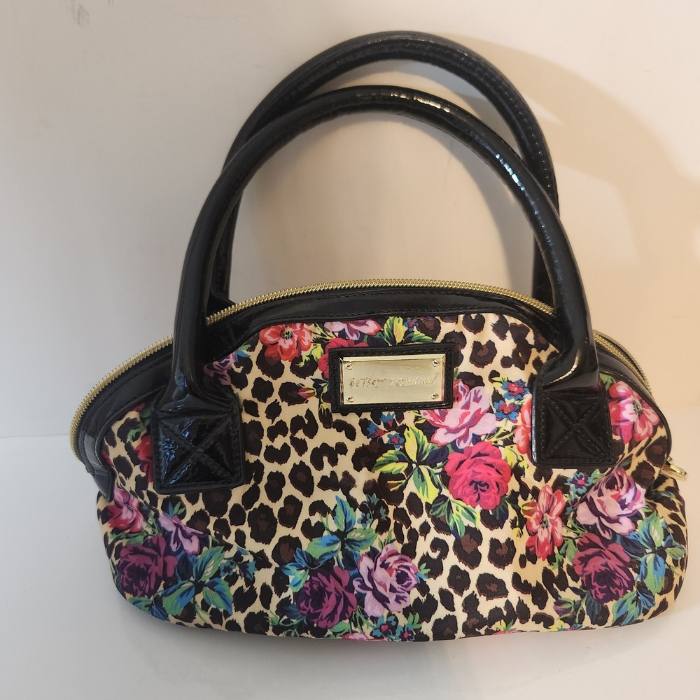 Betsey Johnson Leopard Floral Rose Dome Satchel Handbag Black Patent Trim